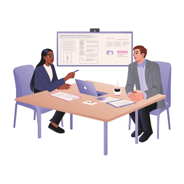 Two colleagues are seated at a rectangular meeting table. The first colleague, a woman with medium skin and long black hair, is on the left side, wearing a navy blue blazer over a white blouse, with dark trousers. She is holding a pen and pointing to a section of the "inforce illustration request form" that is spread out on the table. The second colleague, a man with light skin and short brown hair, is on the right side, dressed in a gray suit and a light blue shirt. He is leaning forward, looking attentively at the form, with his hands clasped. In the background, there is a whiteboard with notes and diagrams related to their discussion. A few business documents and a laptop are placed on the table, along with a steaming cup of coffee near the woman.