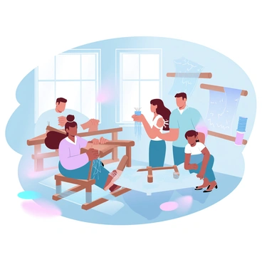 A family is gathered in a cozy room, engaged in textile weaving. One person is seated at a simple wooden loom, skillfully maneuvering colorful threads to create a vibrant pattern. Another family member is standing nearby, holding a bundle of neatly organized threads in various shades. Sunlight filters through a window, illuminating the textures of the woven fabric. On a nearby table, there are more looms and spools of thread, reflecting a warm atmosphere of collaboration and creativity. A woven tapestry hangs on the wall, showcasing their artistic efforts.