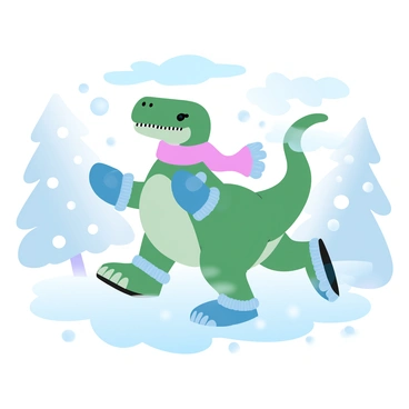 A dinosaur with a green body is standing in a snowy landscape, wearing a brightly colored scarf and knitted mittens. The dinosaur is playfully stomping in the snow, sending up flurries with its large feet. Snowflakes are gently falling around, accumulating on the ground. In the background, there are snow-covered trees and a clear blue sky, enhancing the winter scene.