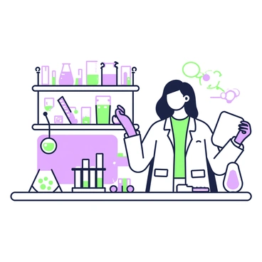 A scientist wearing a lab coat is standing at a workbench in a laboratory. She is focused on conducting experiments with several test tubes arranged neatly in front of her. The test tubes are filled with various colored liquids, and some are placed in a test tube rack. On the table, there are also beakers and pipettes scattered around. Behind her, shelves hold neatly labeled containers and science equipment. The scientist is holding a test tube with her right hand while her left hand is making notes on a clipboard.