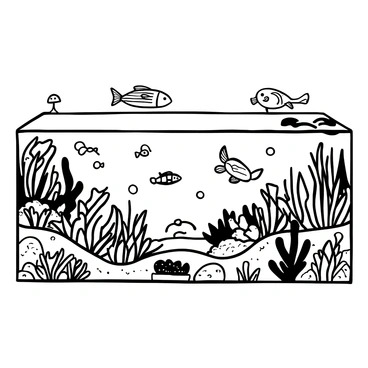 A detailed cross-section of the ocean depths featuring a variety of marine life interacting with the environment. There are large fish swimming among coral reefs, with smaller fish darting in and out of the coral structures. A sea turtle glides through the water above the seabed, which is covered with sand and scattered rocks. A school of fish is visible in the mid-water, and some jellyfish are drifting gently. Various types of seaweed and underwater plants are growing on the seafloor, providing shelter for smaller creatures.