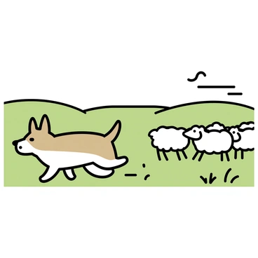 A brown and white dog, with its ears perked up, is herding a group of fluffy white sheep in a vast green pasture. The dog's body is low to the ground, showcasing its agility and focus as it moves swiftly among the sheep. The green grass is dotted with a few wildflowers, and the sheep appear calm, closely following the dog’s direction. In the background, there are gentle rolling hills, creating a sense of openness in the landscape. The sky is clear with a few wispy clouds.