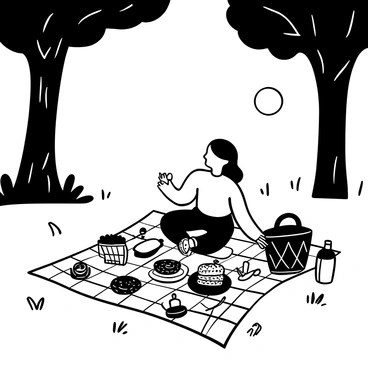 A girl sitting on a checkered picnic blanket in a park. She is surrounded by an array of delicious treats, including sandwiches, fruits, and pastries, all neatly arranged on the blanket. There are a few empty plates and a picnic basket nearby. Trees with detailed bark and leaves frame the scene, creating a sense of outdoor tranquility. Scattered around the blanket are colorful picnic utensils and a bottle of lemonade. The sun is shining brightly, casting distinct shadows on the blanket and the grass.