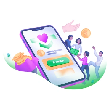 A modern pastel illustration depicting a charitable organization. The scene features a sleek smartphone displaying a digital payment app interface with a prominent "Transfer" button. Surrounding the phone are various symbols representing charity, such as a heart, a hand giving a coin, and a stack of coins. In the background, there are stylized representations of diverse people smiling and holding hands, emphasizing community and support. The overall composition conveys a sense of connection and generosity.