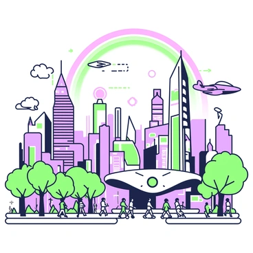 A futuristic cityscape is filled with towering skyscrapers and a variety of intricate architectural designs. In the foreground, there are green trees lining the streets, contrasting with the sleek metallic surfaces of the buildings. The sky is dominated by a large holographic rainbow arching above, creating a vibrant focal point. Below the rainbow, a crowd of people in modern attire walks along the busy sidewalks, while flying vehicles zip through the air. Neon lights illuminate the scene, enhancing the high-tech atmosphere of the city.