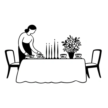A housewife is arranging a dining table for an evening dinner. The table is covered with a white tablecloth, and on it, there are several pieces of vintage china with intricate patterns. She is placing polished silverware on either side of each plate. Several candles of varying heights are positioned in the center, casting soft shadows. A vase filled with fresh flowers sits beside the candles, adding an element of elegance to the table setting. The scene reflects a warm and inviting atmosphere.