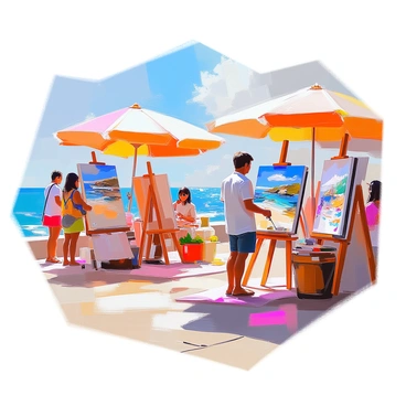 An art market set by the sea, featuring several painters showcasing their vibrant coastal landscapes. The scene includes easels displaying colorful paintings of beaches, cliffs, and waves, capturing the essence of the seaside. In the background, the azure sea sparkles under the sunlight, while a gentle breeze stirs the air. The market is bustling with visitors admiring the artwork, some stopping to interact with the artists. Brightly colored umbrellas provide shade for the vendors, creating a lively atmosphere filled with creativity and inspiration.
