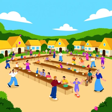 A lively festival in a Catan village square filled with colorful decorations and festive banners. Settlers are gathered around long wooden tables, enjoying a variety of delicious foods and drinks. Some settlers are dancing joyfully, while others are playing games and engaging in conversations. Children are running around, laughing and playing with balloons, adding to the cheerful atmosphere. In the background, traditional thatched-roof houses are visible, surrounded by lush greenery and blooming flowers. The sky is bright blue with fluffy white clouds, completing the vibrant scene.
