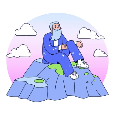 A wizard wearing a long, flowing robe sits cross-legged at the peak of a rocky mountaintop. The robe is a deep shade of blue adorned with silver stars. His long beard flows down to his chest, and his eyes are closed in concentration. Around him, fluffy white clouds float gently, creating a soft halo effect. The rugged mountain surface beneath him is dotted with patches of green moss, and small stones are scattered around. In the background, the sky is a gradient of soft pastels, indicating dawn or dusk.