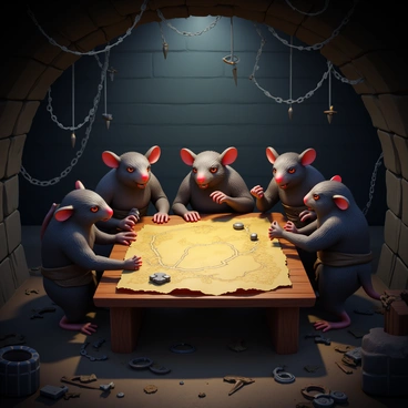 A dark skaven lair with dim lighting and cobwebs hanging from the ceiling. Shadows dance on the stone walls, revealing intricate traps such as sharpened spikes and snares hidden among the debris. Several ratmen, with matted fur and beady eyes, are gathered around a large, tattered map spread on a wooden table. They are wearing ragged clothing and holding crude weapons while whispering and gesturing animatedly as they plot their next attack. Scattered around them are various scraps of metal and pieces of machinery, indicating their cunning nature and resourcefulness. The overall atmosphere is tense and filled with anticipation.