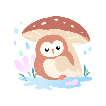 A baby owl is nestled under a large mushroom, its feathers fluffy and soft. Raindrops are falling gently around, creating small splashes on the ground. The mushroom has a wide cap displaying shades of brown and beige, providing a dry spot for the owl. Small blades of grass and tiny plants are visible around the base of the mushroom. The background is filled with a gradient of pastel colors, enhancing the cozy atmosphere of the scene.