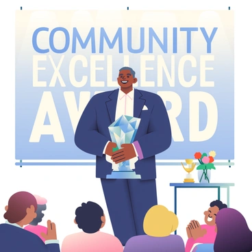 A community leader with medium brown skin is standing at a podium in a town hall. They are wearing a navy blue suit and a white shirt, looking proudly at the audience. In their hands, they are holding a large, shimmering crystal award that reflects light in various colors. The backdrop features a large banner with the words "Community Excellence Award" written in bold letters. To the side, a small table displays additional awards and flowers in vases. The audience is visible, clapping and smiling in appreciation, while soft lighting highlights the scene.