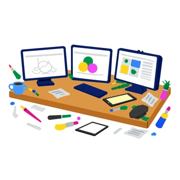 A cluttered desk filled with art supplies and papers. There are three monitors displaying different stages of a digital illustration. The first monitor shows a rough sketch with basic outlines, the second monitor displays vibrant colors being added to the illustration, and the third monitor features the near-final version with detailed textures. Scattered around the desk are paintbrushes, a tablet, and crumpled papers. A coffee cup sits on one corner of the desk, adding to the creative chaos.