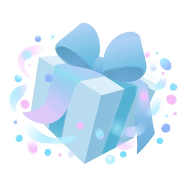 A gift box is wrapped in shiny, patterned paper featuring vibrant colors. The box has a large, voluminous ribbon tied into an extravagant bow on top. The ribbon cascades down the sides of the box, with the ends elegantly draping. Surrounding the gift box are colorful confetti and small decorative ornaments, adding to the festive atmosphere. The entire scene is set against a soft, gradient pastel background that enhances the visual appeal.