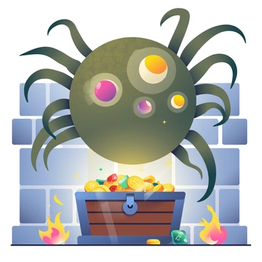 A large, round beholder with a textured, greenish-brown body hovers above the ground, its numerous eyestalks extending in different directions. Each eye is a unique color, ranging from deep purple to bright yellow, and each emits a faint glow. Below the beholder, there is a sturdy, ancient wooden treasure chest overflowing with shimmering gold coins, sparkling rubies, and glistening emeralds. The dungeon walls are made of rough stone, and flickering torches cast shadows that dance around the room. The floor is littered with remnants of past adventurers, such as rusted weapons and tattered clothing, adding to the atmosphere of danger.