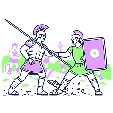 Achilles and Hector are engaged in a fierce duel on a battlefield. Achilles stands on the left, wearing a helmet with a plume, and gripping his spear tightly in his right hand. His armor glistens under the sunlight, showcasing intricate details. To the right, Hector is positioned with a shield raised, his face determined as he prepares to counter Achilles' attack. The battlefield is scattered with debris and fallen weapons, suggesting the intensity of the conflict. In the background, other warriors can be seen, hinting at a larger battle scene unfolding. Dust is kicked up around their feet as they clash, emphasizing the movement and chaos of the moment.