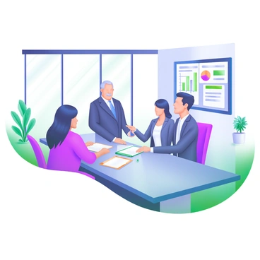A modern pastel illustration of a sleek conference room. In the center, a business leader, a middle-aged person wearing a tailored suit, is confidently negotiating with two partners seated at a long, glossy table. The partners, one woman in a professional dress and one man in a blazer, are nodding and taking notes. Large windows let in natural light, illuminating various plants in the corners of the room. A digital screen on the wall displays charts and graphs relevant to their discussion.