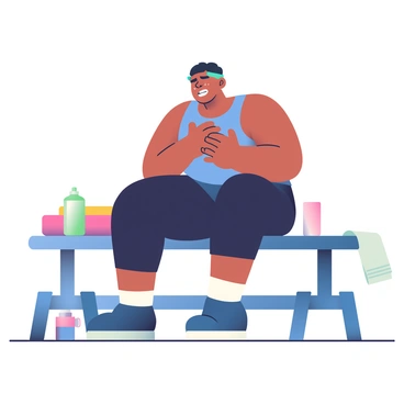 An athlete with a medium build is in the middle of an intense workout. They are wearing a fitted blue tank top and black leggings. Their facial expression shows strain as they clutch their chest with one hand while the other is resting on a nearby bench. Sweat is glistening on their forehead, and their brow is furrowed in concentration. In the background, there are exercise mats and weights, indicating a gym environment. A water bottle is placed on the floor nearby, and a towel hangs over the bench, suggesting they have been working hard. The scene captures the moment of struggle, focusing on the athlete's determination despite the breathing difficulties.