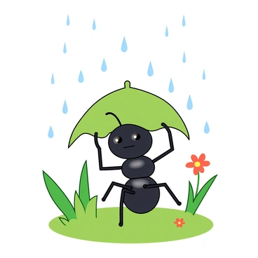 A small black ant with shiny exoskeleton is standing on a green patch of grass. The ant is holding a large green leaf over its head like an umbrella to shield itself from the summer rain. Raindrops are falling all around, creating tiny splashes on the ground. The background features several vibrant green blades of grass and a few scattered flowers with bright colors. The scene captures the ant's determination to stay dry despite the rain.