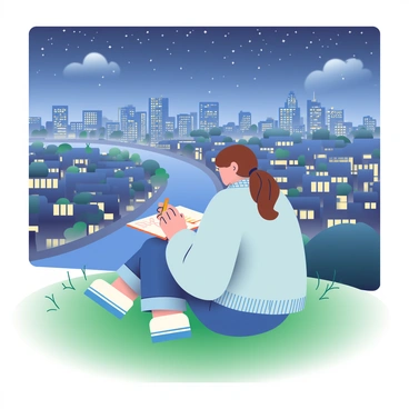 An artist with brown hair tied back is sitting on a grassy hilltop, focused on sketching the cityscape in front of them. They are wearing a cozy, oversized sweater in faint shades of blue and jeans. The artist is holding a sketchpad on their lap with one hand and a pencil in the other. Below, the city is illuminated by countless lights, showcasing tall buildings and a winding river reflecting the stars above. The sky is a deep navy blue filled with twinkling stars, and a few soft clouds drift lazily by. A gentle breeze rustles the grass around the artist, creating a peaceful atmosphere.