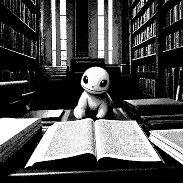 A Squirtle is sitting on a large wooden table in the center of a grand historical library. The table is cluttered with ancient books and scrolls, featuring intricate details on their spines and covers. The library has towering bookshelves filled with numerous volumes, reaching up to a high ceiling adorned with ornate carvings. Dim light filters through large arched windows, casting soft shadows across the scene. The Squirtle looks curiously at an open book in front of it, with its round eyes focused on the pages filled with text and illustrations.