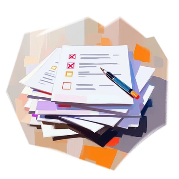 A stack of paper surveys is piled neatly on a desk. Each survey is filled with black text and has several red marks made with a pen, clearly indicating negative feedback. The red marks stand out prominently against the white background of the paper. The desk surface is wooden, and the lighting casts soft shadows across the surveys, enhancing the depth of the scene. Several surveys are slightly askew, suggesting they have been reviewed recently.