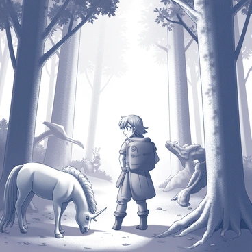 A character stands in a dense forest, surrounded by towering trees with thick trunks and sprawling roots. Sunlight filters through the canopy, creating a dappled effect on the forest floor covered in fallen leaves and moss. The character, wearing rugged adventurer clothing, looks surprised as they encounter a group of mythical creatures. To the left, a unicorn with an elegant, spiraling horn grazes peacefully, its mane flowing gently with the breeze. To the right, a small dragon with delicate wings peeks curiously from behind a tree trunk. In the background, hints of other fantastical creatures can be seen, partially obscured by foliage, adding a sense of mystery to the scene. The overall atmosphere is enchanting and filled with wonder.