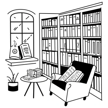 A cozy niche section in a bookstore featuring tall wooden bookshelves filled with a variety of esoteric and mystical books. The shelves are lined with books of different sizes, showcasing intricate designs on their spines. A comfortable reading chair, upholstered in a rich fabric, is placed nearby, inviting readers to sit and explore. A small table holds a few open books, revealing pages filled with illustrations of symbols and ancient texts. Soft light filters through a stained glass window, casting delicate patterns on the wooden floor. A corner features a potted plant, adding a touch of greenery to the atmospheric space.
