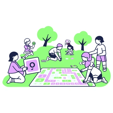 A group of children is playing in a park, engaged in a giant board game laid out on the grass. Some children are kneeling on the lawn while others are standing, all focused on matching numbers to their expanded forms. To the left, a child holds a large card displaying an expanded number form, while next to them, another child is placing a number card on the board that corresponds with it. In the background, trees provide shade, and other children can be seen laughing and playing nearby. The board game features colorful paths and large number tiles, creating an interactive learning environment.