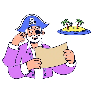 A pirate wearing a tricorn hat with a skull and crossbones design. He has a scruffy beard and an eye patch over one eye. The pirate is holding a weathered treasure map in one hand and scratching his head with the other. His expression shows confusion as he gazes towards an unfamiliar island in the distance. The island is depicted with lush green trees and a sandy beach. There are small waves gently lapping at the shore, and a few palm trees leaning towards the ocean.