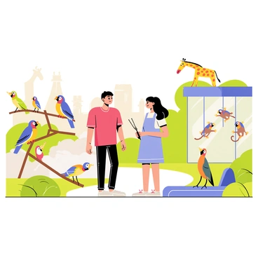 A couple stands side by side, observing animals at a zoo. The man has short black hair and is wearing a bright red t-shirt, while the woman has long brown hair tied back and is dressed in a light blue dress. They are surrounded by vibrant exhibits featuring various animals. To their right, a large enclosure displays a group of playful monkeys swinging on branches. On their left, colorful tropical birds perch on a branch, showcasing their vivid plumage. In the background, a tall giraffe can be seen bending down to drink water from a small pond. The atmosphere is lively and filled with the sounds of chirping birds and playful animal calls.