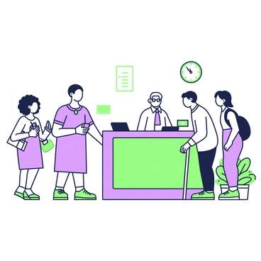 A line of diverse people is standing in front of a bank counter. On the left, a woman with curly hair is holding a small purse and looking at her watch. Next to her, a man wearing glasses and a blue shirt is scrolling through his phone. In the center, an older gentleman with a cane is standing upright, observing the surroundings. To his right, a young woman with long hair is engaged in conversation with the person beside her. The last person in line is a man with a backpack, tapping his foot lightly on the floor. Behind the counter, a bank teller is assisting customers with a friendly smile. The interior of the bank features a large clock on the wall and a row of potted plants beside the counter.