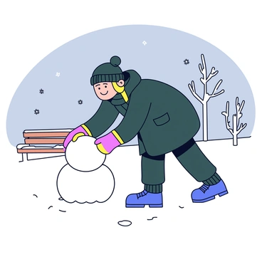 A woman bundled up in a thick, dark green coat. She is wearing a matching knitted hat and colorful gloves, with her breath visible in the cold air. The woman is bent over, carefully placing a large snowball on top of another to form the body of a snowman. Around her, the ground is covered in a thick layer of white snow, and snowflakes are gently falling from the gray sky. In the background, there are leafless trees dusted with snow, and a park bench partially buried in the snow.