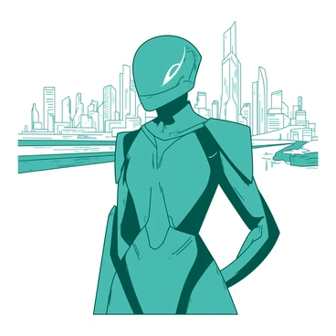 A teal futuristic outfit is designed with sleek metallic elements and sharp geometric shapes. The outfit features a high collar, angular sleeves, and structured panels that create a dynamic silhouette. In the background, a white sci-fi city skyline stretches into the distance, adorned with towering structures and illuminated with glowing lights. The cityscape showcases various architectural styles, with some buildings having sharp angles and others featuring smooth curves. The overall composition emphasizes the contrast between the intricate details of the outfit and the sprawling, high-tech environment of the city.