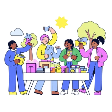 A community swap meet scene featuring neighbors engaging in the exchange of reusable items. Several people are smiling as they interact and browse through an assortment of goods. A table displays various items such as books, toys, kitchenware, and clothes, all organized neatly. A few individuals are holding up items, showcasing them to others. The background shows trees and a bright sky, enhancing the lively atmosphere of the event.