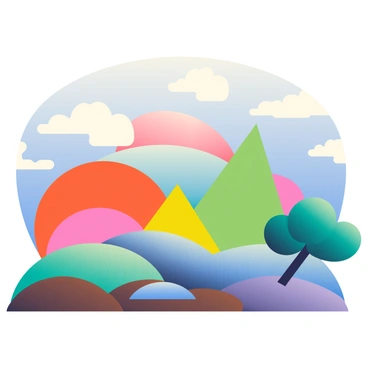 A landscape filled with large, bold shapes in vibrant colors. There are overlapping circles in shades of orange, pink, and turquoise creating a sense of depth. Jagged triangular formations in bright yellow and green are interspersed among smooth, rounded hills in soft blues and purples. Textured patches resembling grass and soil in deep browns and rich greens provide contrast to the colorful shapes. The sky above features a gradient of light to dark blue, with fluffy white clouds scattered throughout.