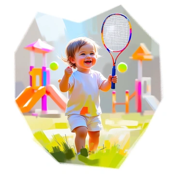 A toddler with light brown hair, wearing a colorful t-shirt and shorts, is happily holding a badminton racket that is almost as tall as they are. The toddler's smile is wide, revealing a sense of joy and excitement. The racket is bright, featuring a vibrant design with blue and yellow accents. The scene is set in a grassy area, with a few colorful playground structures visible in the background, accentuating the cheerful atmosphere of the moment. The sunlight casts soft shadows on the ground, enhancing the lively scene.