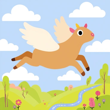 A two-headed calf with soft brown fur and large, expressive eyes is soaring through a bright blue sky filled with fluffy white clouds. Below, a vibrant fantasy land is visible, featuring rolling green hills, colorful flowers, and whimsical trees with twisting trunks. In the distance, sparkling rivers wind through the landscape, reflecting the sunlight. The calf's wings are large and feathered, painted in shades of pastel colors, giving it a magical appearance as it gracefully glides above the enchanting scenery.