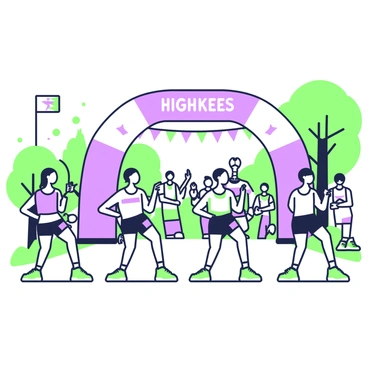 A group of people is participating in a fitness event outdoors. They are engaged in performing "high knees," with their legs lifting in a rhythmic motion. The participants are wearing colorful athletic gear, including tank tops and shorts. In the background, there are banners and flags waving, adding to the festive atmosphere. Spectators are watching and cheering, creating an energetic vibe. Some trees are visible around the festival area, providing shade to the participants. A large inflatable archway marks the entrance to the fitness event, contributing to the lively outdoor setting.