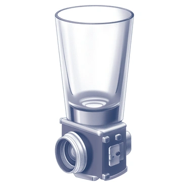 A shot glass with a cylindrical shape. The base of the glass features an intricate design resembling a retro camera lens, complete with detailed circular patterns and mechanical elements. The lens motif includes visible aperture blades and engraved markings. The glass is clear, showcasing the smooth surface and reflective qualities. The overall composition highlights the contrast between the sleek glass and the detailed lens design at the bottom.
