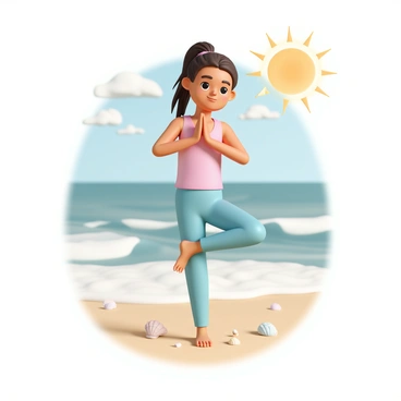 A cartoon girl, with long brown hair tied in a ponytail, is practicing yoga on a sandy beach. She is wearing a bright pink tank top and light blue yoga pants. The girl is in a tree pose, balancing on one leg while her other foot rests against her inner thigh. Around her, the sandy beach is dotted with seashells. In the background, there are rolling ocean waves gently crashing onto the shore. The sky is clear with a few fluffy clouds, and the sun is shining brightly, casting a warm glow over the scene.