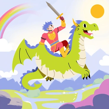 An anime hero with spiky blue hair wearing a vibrant red and gold armor is riding a large green dragon. The dragon has shimmering scales and large, powerful wings spread wide as it soars through the sky. Below, a mystical landscape unfolds with rolling hills, sparkling rivers, and towering mountains. A rainbow arches across the sky, and fluffy white clouds drift by. The hero holds a gleaming sword raised high, showcasing determination. The dragon's eyes glint with excitement as they fly toward a bright sun setting on the horizon.