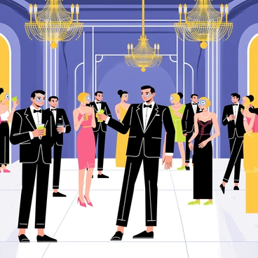 A grand ballroom illuminated by shimmering chandeliers at midnight. The floor is polished marble, reflecting the soft light. Elegant attendees are scattered throughout the room, each wearing "stylish Art Deco masks" in various colors and intricate designs. Men wear tailored suits with sharp lines and women are adorned in glamorous gowns that feature geometric patterns. Some guests are dancing gracefully, while others are engaged in conversation, holding sparkling drinks in their hands. The atmosphere is filled with laughter and the sound of soft music playing in the background.