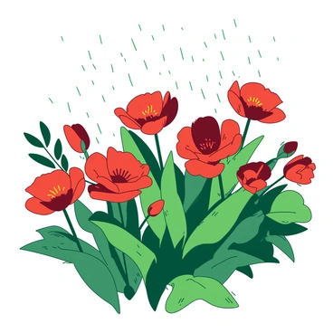 A field of red coquelicots swaying gently under a light rain shower. The coquelicots have vibrant green leaves that contrast with their red petals. Small droplets of rain are glistening on the petals, creating a sparkling effect. In the background, there are soft, blurred outlines of other plants, adding depth to the scene. The overall atmosphere reflects a tranquil moment in nature as the rain falls lightly.
