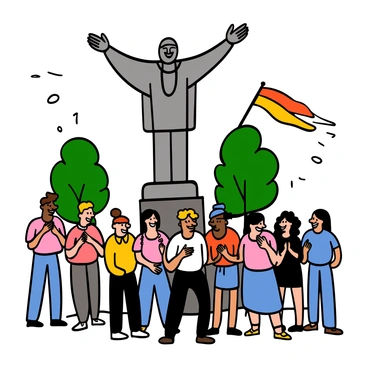 A tall statue representing "freedom of expression" stands prominently in the center of a bustling town square. The statue features a figure with outstretched arms, symbolizing openness and communication. Surrounding the statue, a diverse group of people of various ages and ethnicities gather, some smiling and others engaged in animated conversation. A light breeze rustles the leaves of nearby trees, and colorful banners flutter in the background, adding a sense of liveliness to the scene.