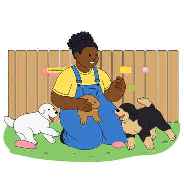 A fat woman with dark skin and curly hair tied back in a ponytail, wearing a bright yellow t-shirt and blue overalls. She is kneeling on the grass, gently holding a small brown puppy in her arms. Around her, several playful puppies of different breeds, including a fluffy white one and a speckled black and brown one, are wagging their tails and jumping with excitement. The shelter background features a wooden fence with colorful signs indicating the names of the animals, and there are soft toys scattered on the ground. The woman is smiling warmly, radiating kindness and care for the animals.