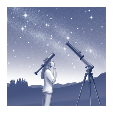A person is standing while gazing through a telescope. The individual has one eye positioned at the eyepiece, focusing intently on the stars. The telescope is mounted on a sturdy tripod, and the person's other hand is resting gently on the telescope for support. Above, the night sky is filled with numerous visible stars, creating a dense expanse of twinkling lights. The landscape around the observer is mostly dark, with silhouettes of trees or hills framing the scene. The overall composition highlights the connection between the person and the vastness of the universe.