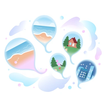 A collection of floating bubbles, each encapsulating a distinct memory, drifts gently in a dreamy setting. One bubble contains an image of a sunny beach with soft waves lapping at the shore. Another bubble shows a cozy cabin in the woods, surrounded by tall trees and autumn leaves. A third bubble features a lively cityscape at night, with bright lights reflecting off glass buildings. The bubbles are shimmering with soft pastel colors, casting gentle reflections on the ground below. The background is filled with swirling clouds and a gradient sky, enhancing the whimsical atmosphere of the scene.