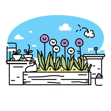 A raised garden bed filled with vibrant "allium flowers" in various shades of purple and white, standing tall against a backdrop of a "city skyline". The "garden bed" constructed from weathered wood, showing the texture of the grain. The rooftop is adorned with "small potted plants" and a few "garden tools" resting nearby. A clear blue sky overhead highlights the urban environment, with hints of "buildings" and "balconies" visible in the distance. A soft breeze can be imagined, gently swaying the flowers.