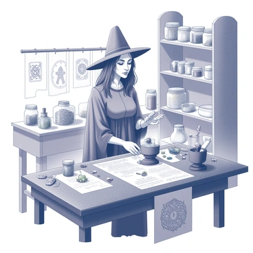 A witch is standing at a wooden workbench, busy crafting enchanted talismans. The workbench is cluttered with various mystical tools, including jars filled with herbs, a mortar and pestle, and intricate charms. She is focused, with a small flame flickering from a nearby candle illuminating her workspace. There are parchments scattered around, covered in arcane symbols and notes. Shelves in the background are filled with more magical artifacts and ingredients, creating a sense of an organized chaos. The atmosphere is filled with a sense of magic and mystery, emphasizing her craft.